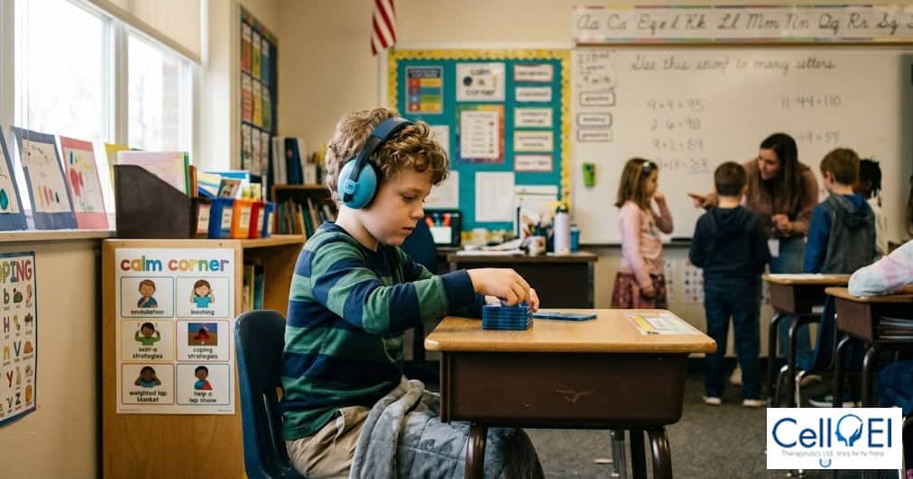 AI generated image of boy with ASD in classroom
